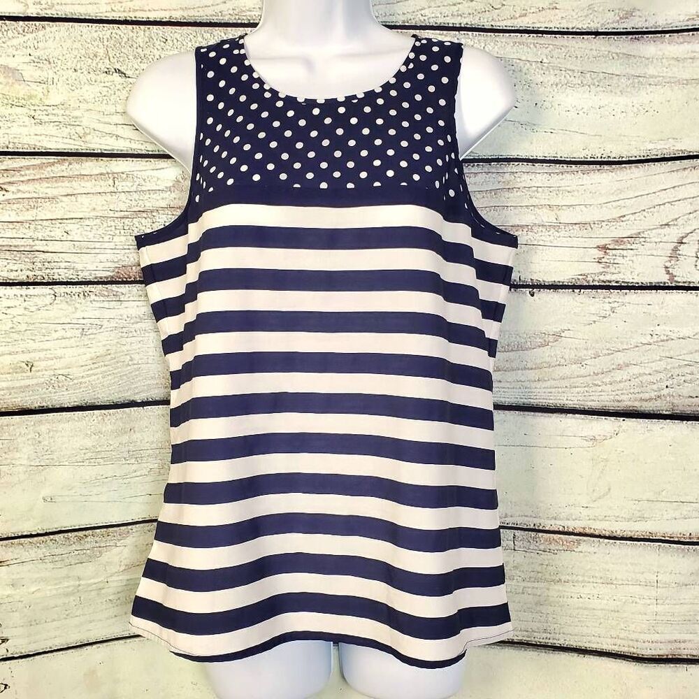 LOFT Women’s Sleeveless Mixed Print Tank Top Size S Navy Blue Polka Dot Stripe B